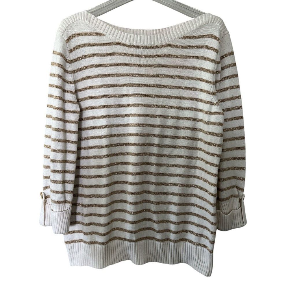 Karen Scott Women's 3/4 Sleeve Cotton Knit Sweater Cream Gold Shimmer Size Large